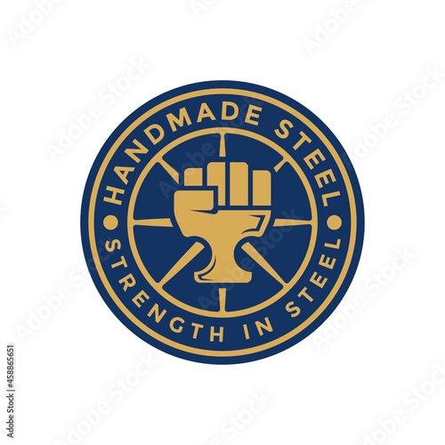handmade steel factory logo design, circle emblem concept