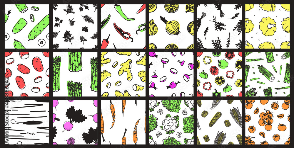Hand drawn Big set of seamless patterns with vegetables and fruits. Vector artistic drawing food. Vegan illustration meal