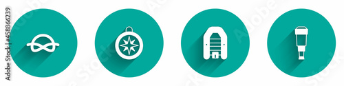 Set Nautical rope knots, Compass, Inflatable boat with motor and Spyglass telescope lens icon with long shadow. Vector