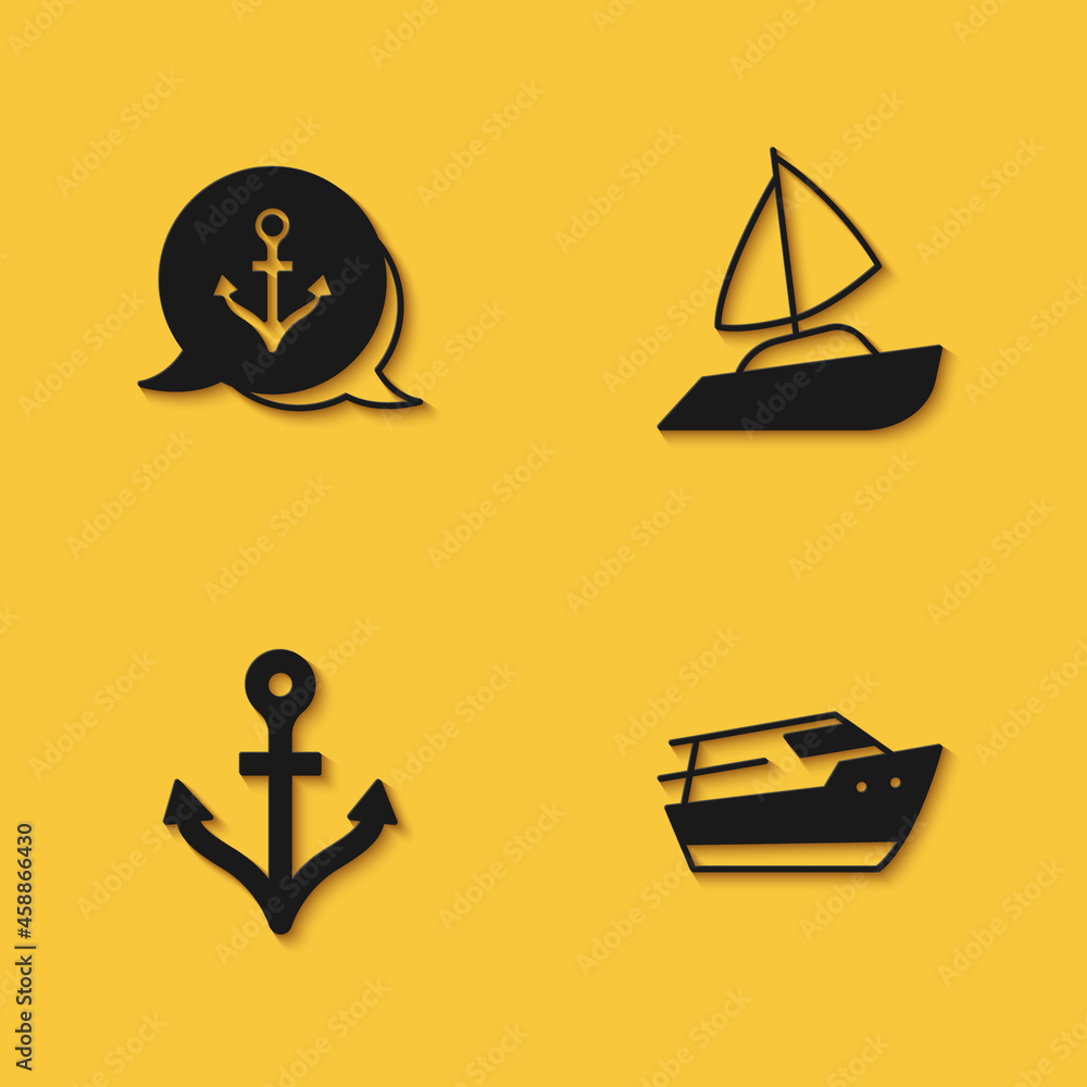 Set Anchor, Speedboat, and Yacht sailboat icon with long shadow. Vector Set Anchor, Speedboat, and Yacht sailboat icon with long shadow. Vector