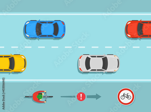 Bicycle driving tips. Cyclist ignoring road sign and riding his bike on sidewalk. No bicycles traffic or road sign. Top view. Flat vector illustration template.