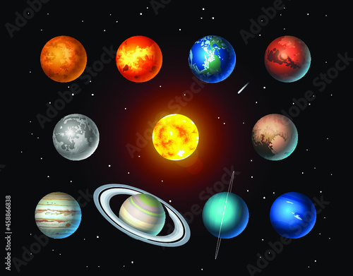 Vector set of Solar System objects: Sun, Moon, Pluto and Planets on space background