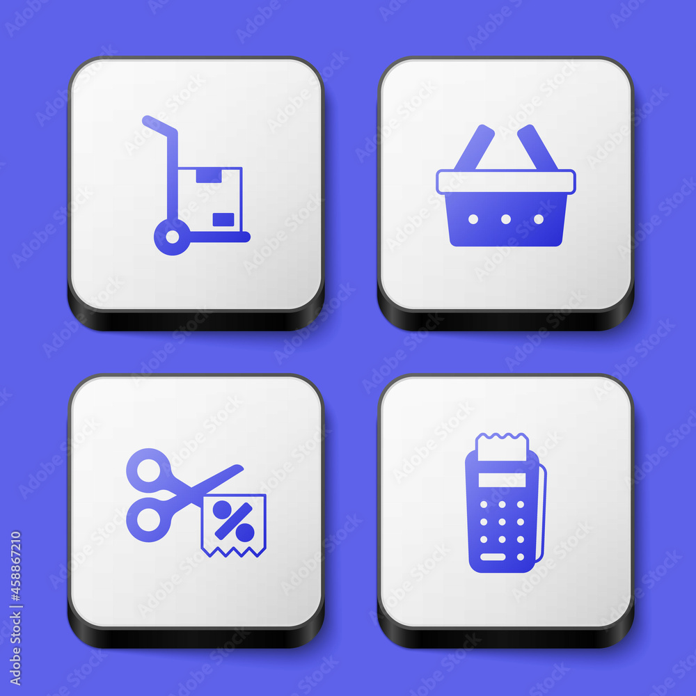 Set Hand truck and boxes, Shopping basket, Scissors cuts discount coupon and POS terminal icon. White square button. Vector Set Hand truck and boxes, Shopping basket, Scissors cuts discount coupon and POS terminal icon. White square button. Vector