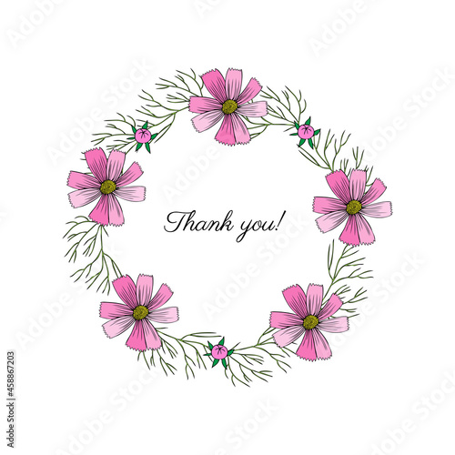 Decorative botanical wreath, round frame Kosmos flower, kosmeya hand drawn doodle ink sketch illustration, wild flower astra, floral design for greeting card, wedding invite, cosmetic packaging