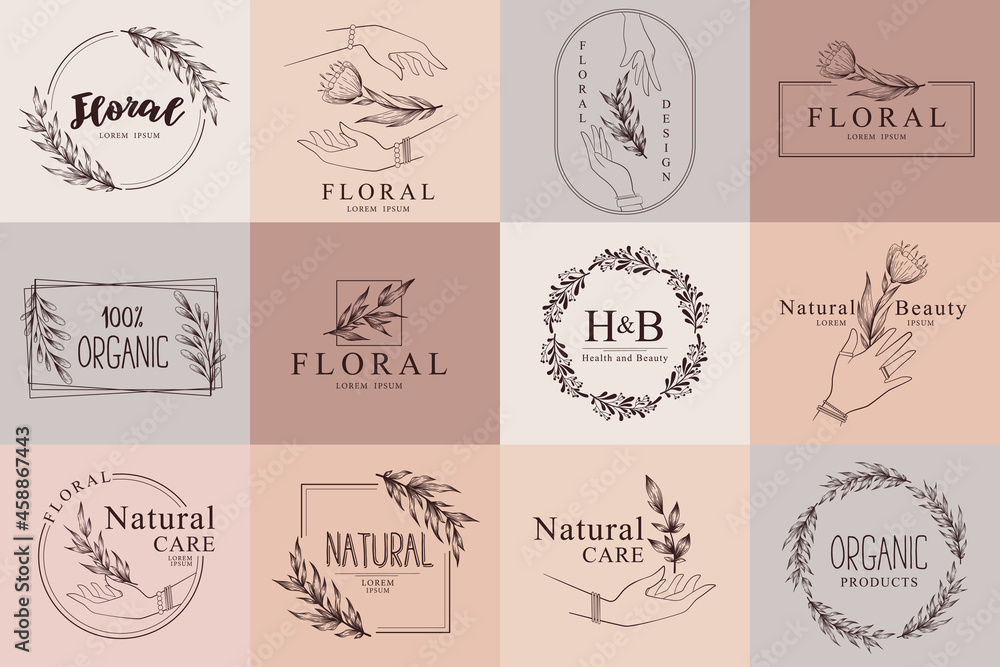 Collection of vector hand drawn floral logo templates with hands, flowers, leaves and branches in natural colors. Elegant design concept with wreaths, frames and borders