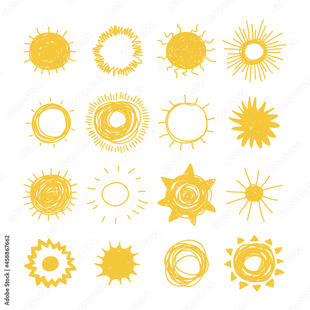Hand drawn Illustration Sun. Doodle style element isolated on white background. Yellow Solar System Objects Hand drawn Illustration Sun. Doodle style element isolated on white background. Yellow Solar System Objects