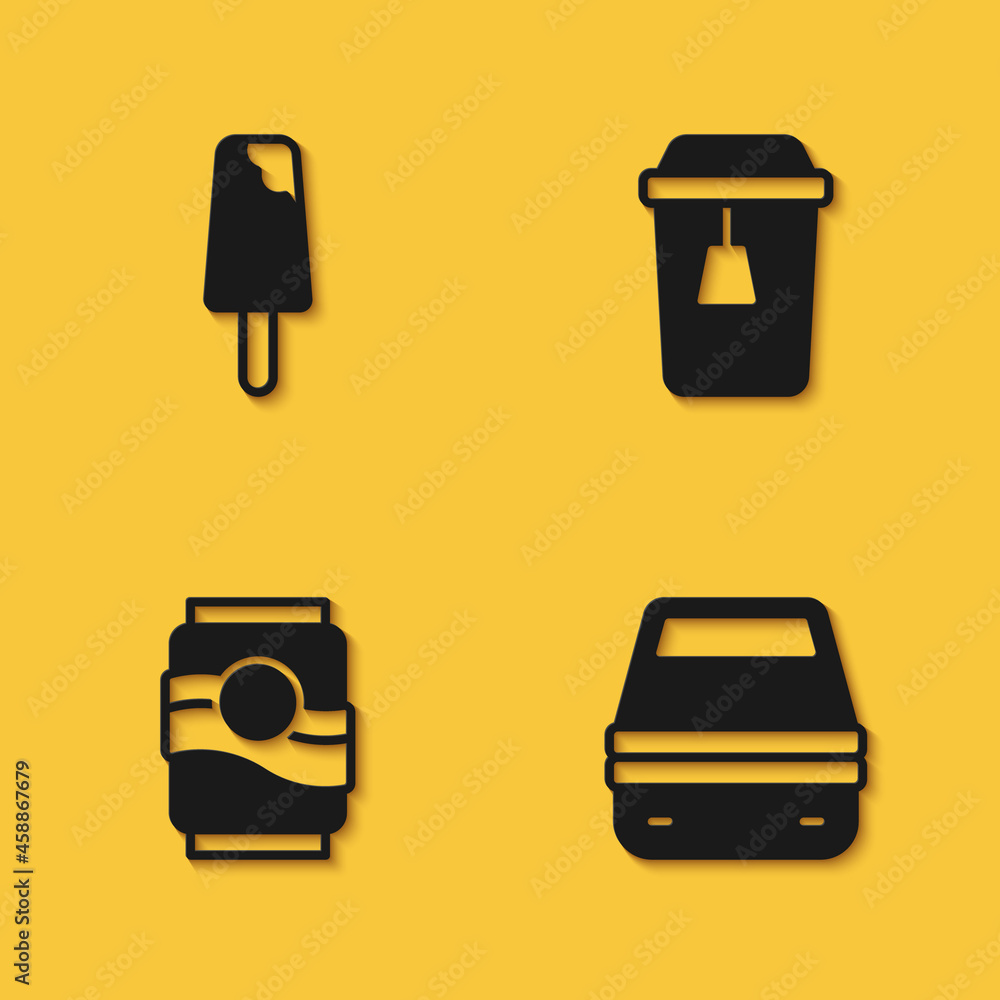 Set Ice cream, Lunch box, Soda can and Cup of tea icon with long shadow. Vector Set Ice cream, Lunch box, Soda can and Cup of tea icon with long shadow. Vector
