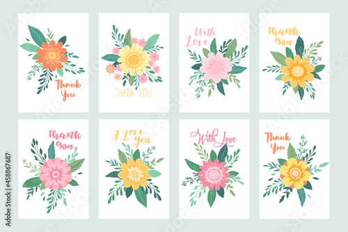 Vector collection of floral cards with hand drawn colorful flowers, leaves, branches and lettering isolated on white background. Design templates for wedding invitation, card, brochure