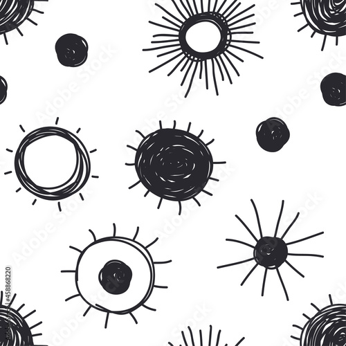 Hand drawn Illustration Sun. Doodle style seamless pattern. Yellow Solar System Objects