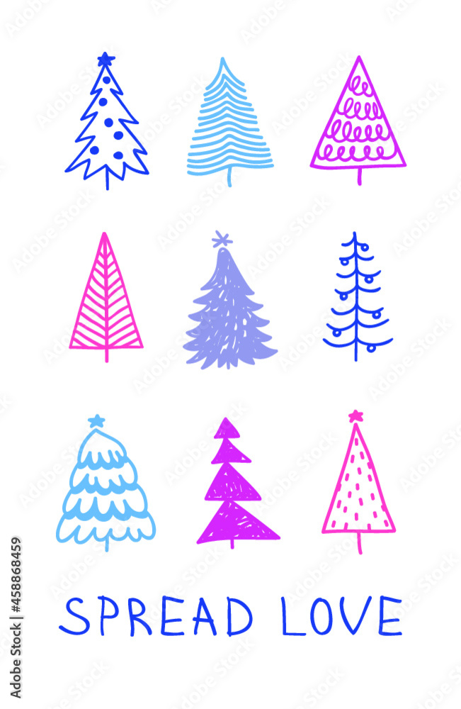 Hand drawn set of Christmas trees and Quote. Holidays background and Greetings. Abstract  doodle drawing woods and text. Vector art illustration