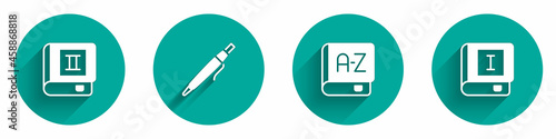 Set Book, Pen, Translator book and icon with long shadow. Vector