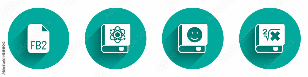 Set FB2 File, Book about physics, and with mathematics icon with long shadow. Vector Set FB2 File, Book about physics, and with mathematics icon with long shadow. Vector