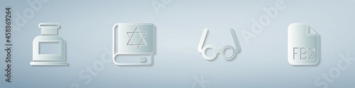 Set Inkwell, Jewish torah book, Glasses and FB2 File. Paper art style. Vector