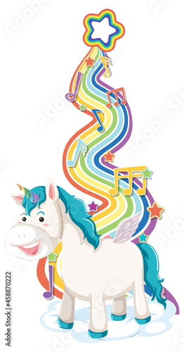 Unicorn standing on the cloud with rainbow on white background