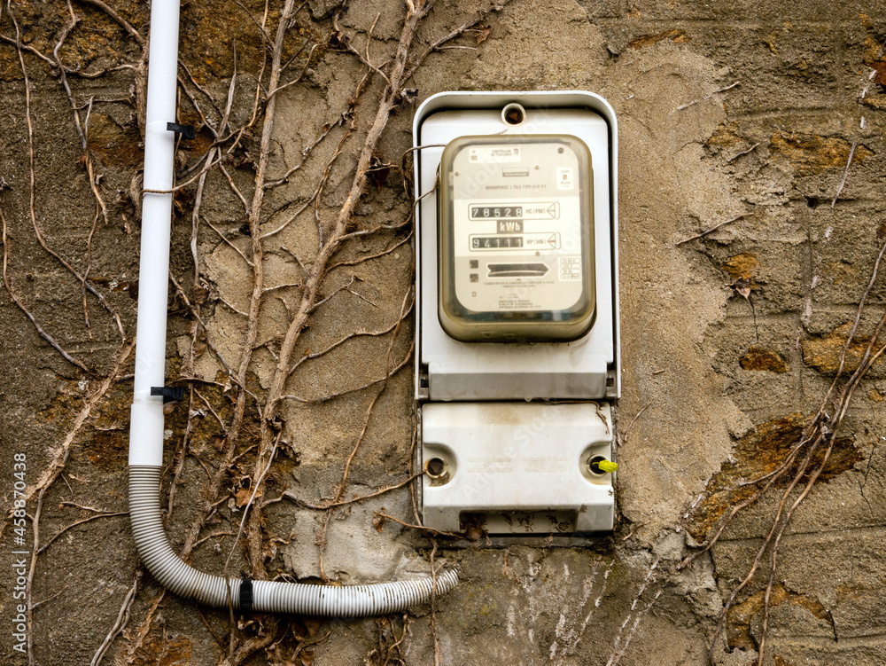 Old electric meter for two day / night tariffs on the wall of an old building. Visible power cable to the electricity meter. The wall is covered with dry vegetation and branches. 09/2021 France - obrazy, fototapety, plakaty 