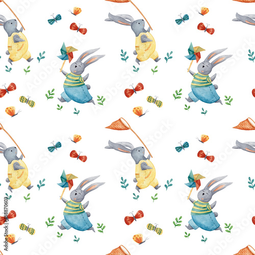 Cute seamless pattern of baby rabbits running with butterfly net and windmill. For children's fabrics and wallpaper. Watercolor. photo