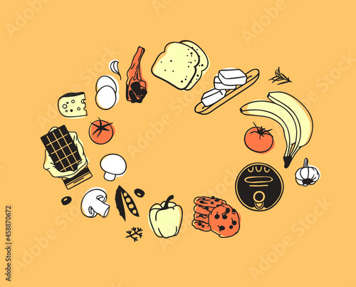 Hand drawn frame with food. Meal Vector background. Actual fashion illustration. Original doodle style drawing. Creative ink art work