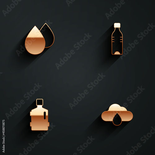 Set Water drop, Bottle of water, Big bottle with clean and Cloud rain icon with long shadow. Vector