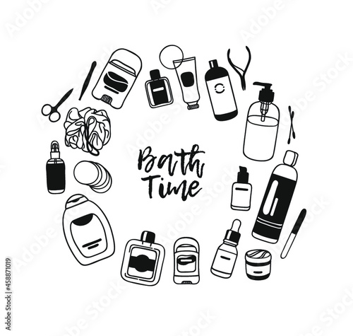 Hand drawn frame with Bath thing. Beauty products Vector background. Actual fashion illustration. Original doodle style drawing. Creative ink art work
