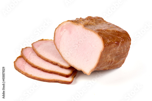 Natural smoked pork loin, isolated on white background.