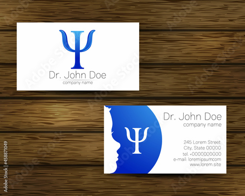 Psychology Vector Business Visit Card with Letter Psi Psy Modern logo Creative style on tree Background. Human Head Profile Silhouette Design concept. Brand company Set