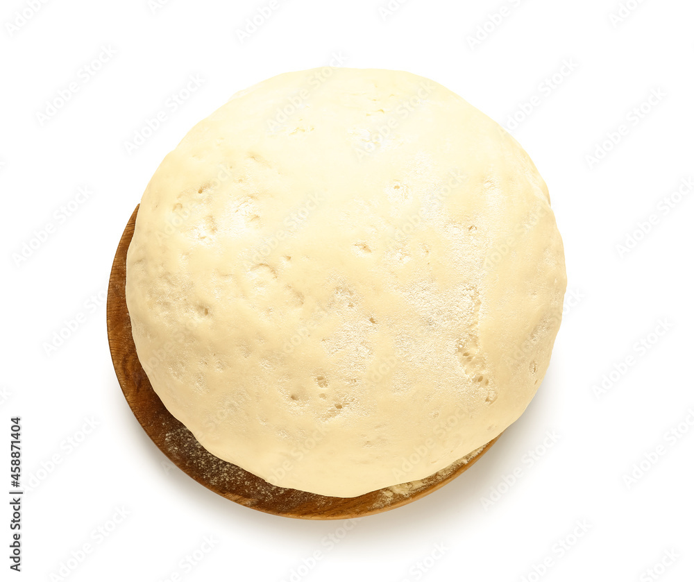 Wooden board with fresh dough on white background Wooden board with fresh dough on white background