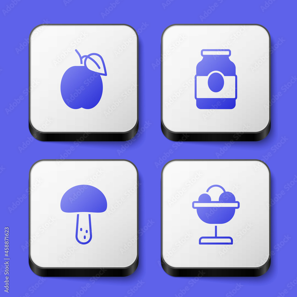 Set Plum fruit, Jam jar, Mushroom and Ice cream in the bowl icon. White square button. Vector Set Plum fruit, Jam jar, Mushroom and Ice cream in the bowl icon. White square button. Vector