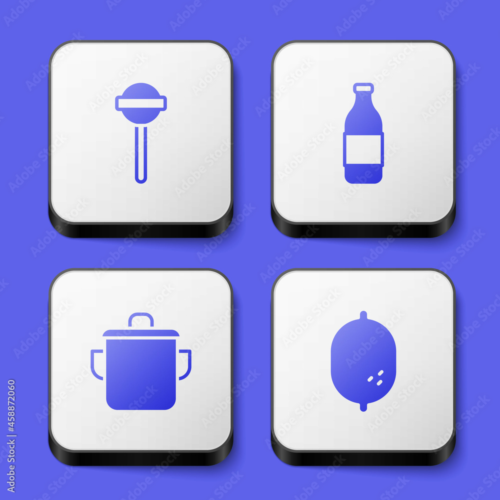 Set Lollipop, Bottle of wine, Cooking pot and Lemon icon. White square button. Vector Set Lollipop, Bottle of wine, Cooking pot and Lemon icon. White square button. Vector