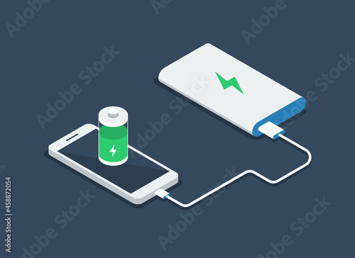 Phone charging, power bank. Smartphone, power bank, battery icon. Flat vector illustration suitable for many purposes.