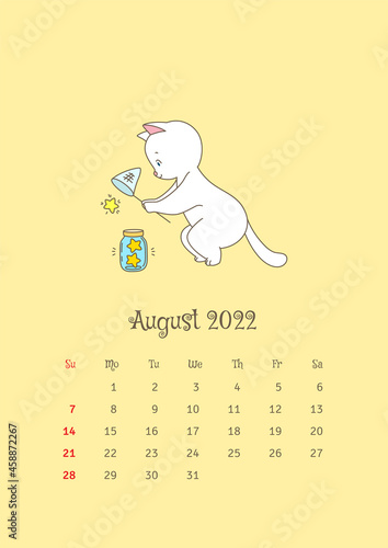 August 2022 calendar. Calendar template decorated with a cute white cat catching a star with the butterfly net. Vector illustration 10 EPS. photo