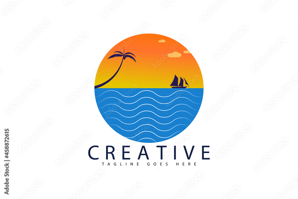 beach and island logo design with coconut tree view and sailing boat, circular beach icon vector design beach and island logo design with coconut tree view and sailing boat, circular beach icon vector design
