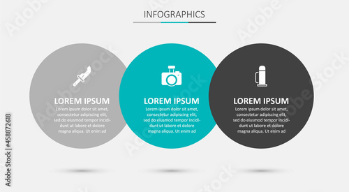 Set Photo camera, Hunter knife and Thermos container. Business infographic template. Vector