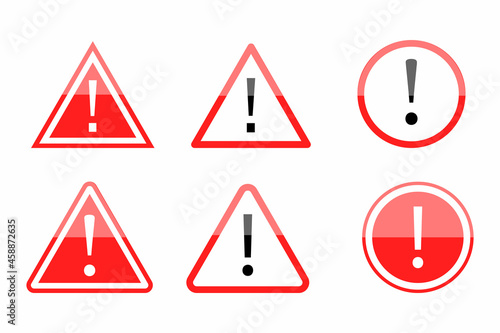 Red warning road signs. Red danger icon set. Road traffic. Triangle and circle mark. Vector illustration. Stock image. 