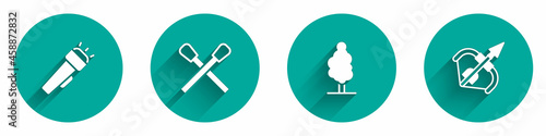 Set Flashlight, Burning match with fire, Tree and Medieval bow and arrow icon with long shadow. Vector
