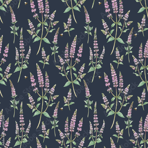 Beautiful vector floral seamless pattern with hand drawn watercolor spearmint flowers. Stock illustration.