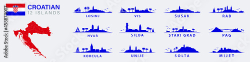 Croatian Vector Silhouettes Graphics in Landscapes with islands. Map of Croatia and flag.  photo