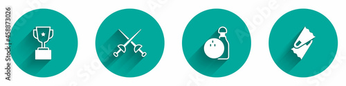 Set Award cup, Fencing, Bowling pin and ball and Flippers for swimming icon with long shadow. Vector