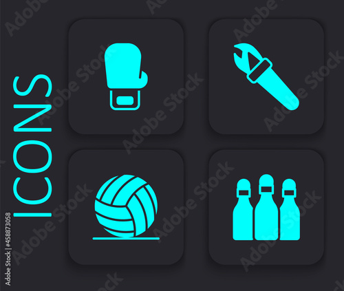 Set Bowling pin, Boxing glove, Torch flame and Volleyball ball icon. Black square button. Vector