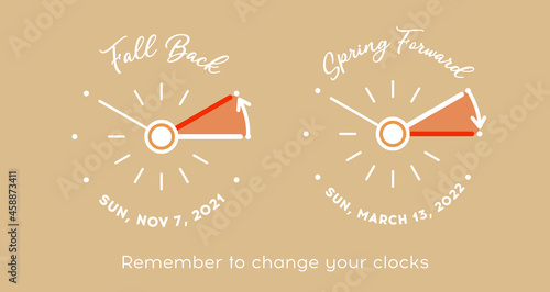 Daylight Saving Time for USA and Canada. Vector Set of minimalist retro clocks fall back time and spring forward. Clocks turning to summer and winter time with dates of 7 november 2021, 13 march 2022