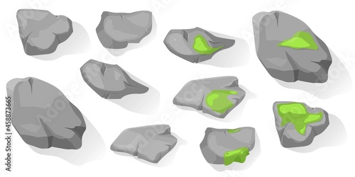 Rock stone set cartoon top view. Set of different Natural Boulders with moss and without. Cobblestones of various shapes. Vector Illustration. Collection for landscape design, plan, maps.