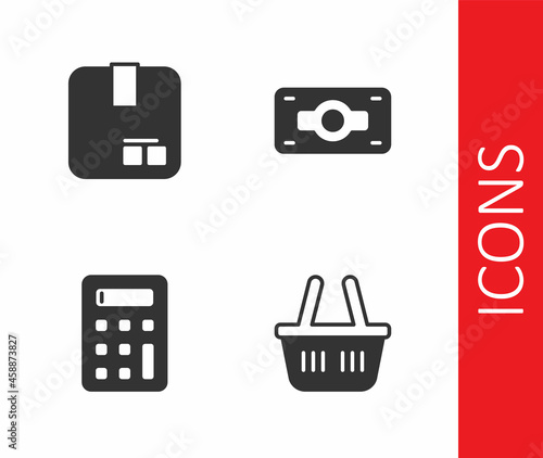 Set Shopping basket, Carton cardboard box, Calculator and Stacks paper money cash icon. Vector