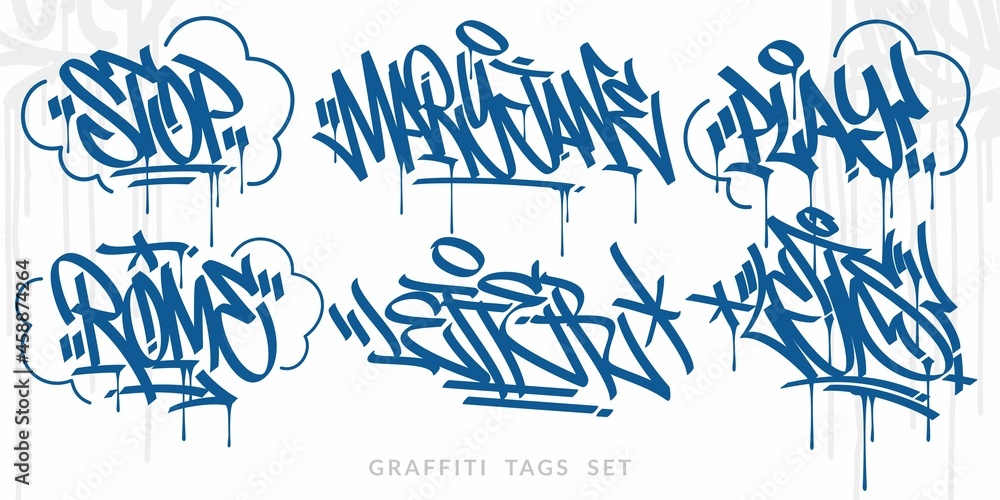 Abstract Blue Handwritten Hip Hop Urban Street Art Graffiti Style Words Vector Illustration Set Stock ベクター Adobe Stock