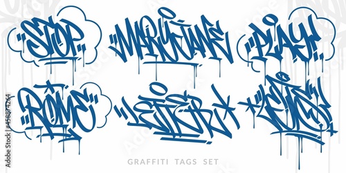 Abstract Blue Handwritten Hip Hop Urban Street Art Graffiti Style Words Vector Illustration Set