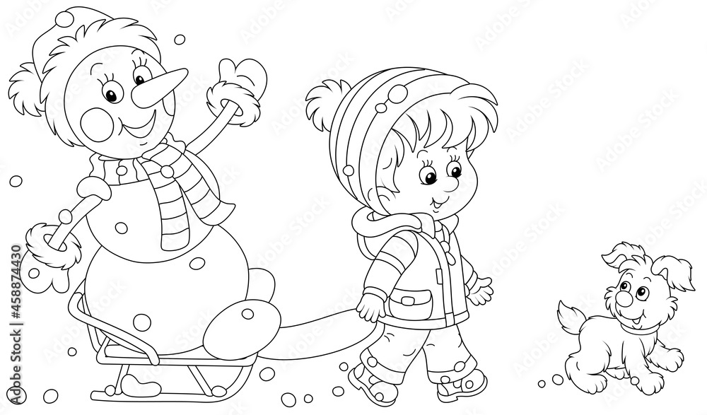 Happy little boy walking with his merry pup and sledding a funny snowman, black and white outline vector cartoon illustration for a coloring book page Happy little boy walking with his merry pup and sledding a funny snowman, black and white outline vector cartoon illustration for a coloring book page