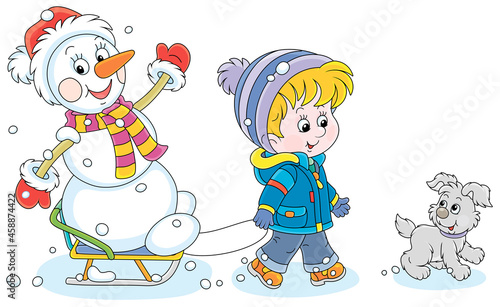 Happy little boy walking wi...