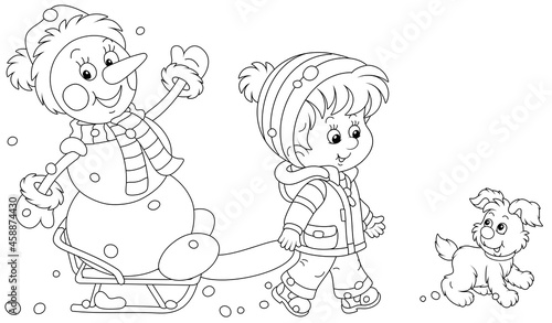 Happy little boy walking with his merry pup and sledding a funny snowman, black and white outline vector cartoon illustration for a coloring book page