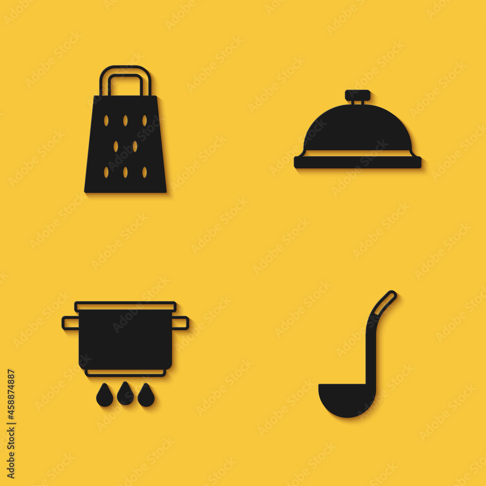 Set Grater, Kitchen ladle, Cooking pot on fire and Covered with tray of food icon with long shadow. Vector Set Grater, Kitchen ladle, Cooking pot on fire and Covered with tray of food icon with long shadow. Vector