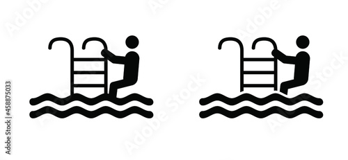 Safety grab bars ladder or steps in blue swimming pool. Flat vertor swimming pool with stair. Stairs or ladder logo. Steel railings stairs in a pool pictogram. Water, sea wave. Stickman or stick figur