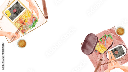 昼食に2人で手作り弁当を食べる手書き水彩風イラスト