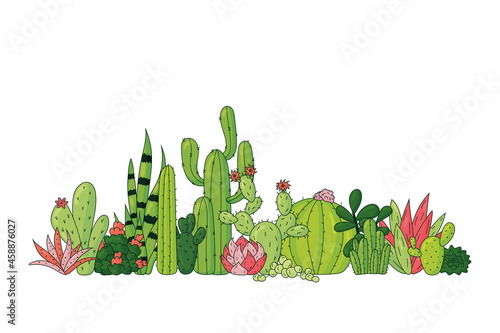 Decorative variants of different colorful succulent and cactus desert plants, hand drawn style vector illustration isolated on white background. 